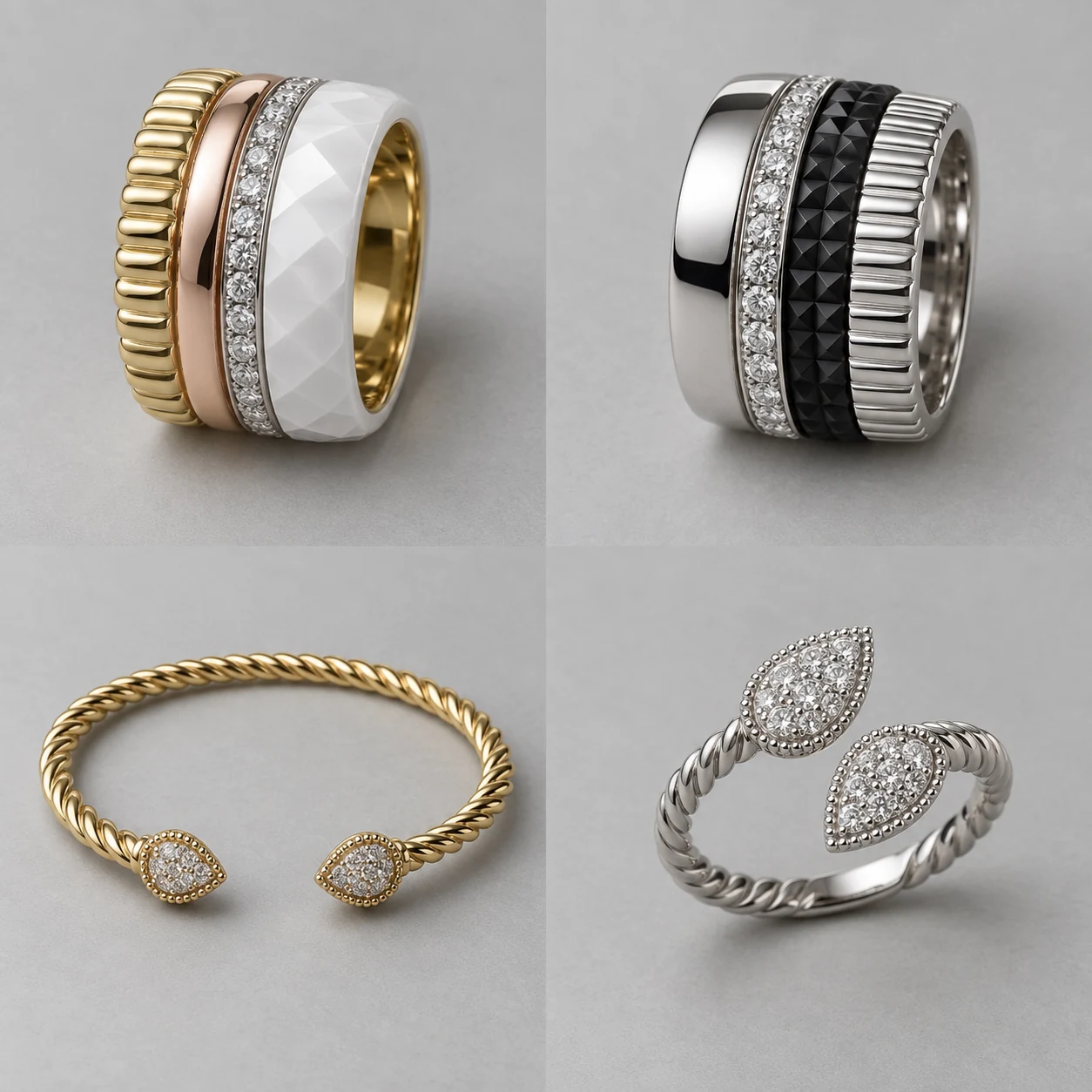 Illustration IA : interprétation d’un bague, Trois ors, céramique blanche, diamants, pas une photo de la référence